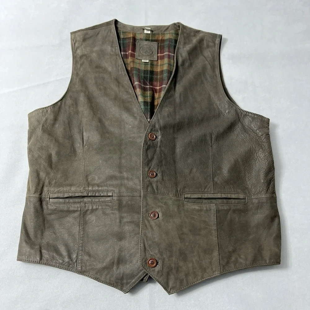 Green Fields Leather Vest Men XXL Brown Taupe Pockets Plaid Lining